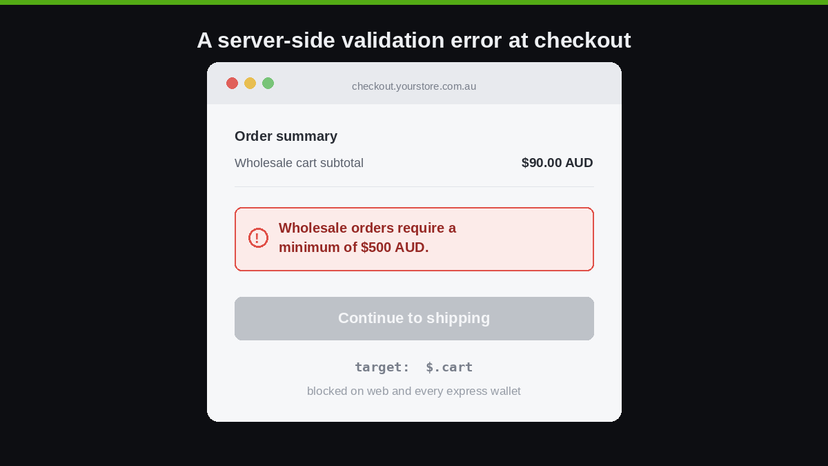 Shopify Checkout Validation: How We Stop Bad Orders at Checkout Before They Cost You Money 3 Checkout screen showing a validation error message blocking progress on a wholesale order below the minimum