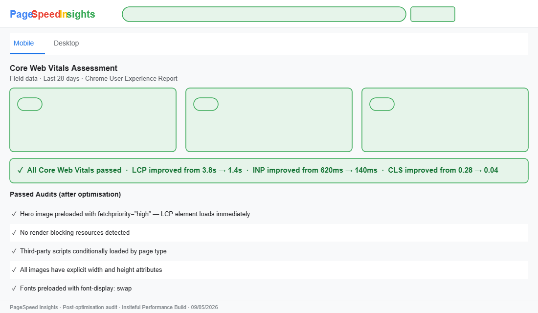 Core Web Vitals for Shopify in 2026: What Google Actually Measures and How We Fix It 3 PageSpeed Insights after Insiteful optimisation showing all Core Web Vitals passing: LCP 1.4s, INP 140ms, CLS 0.04