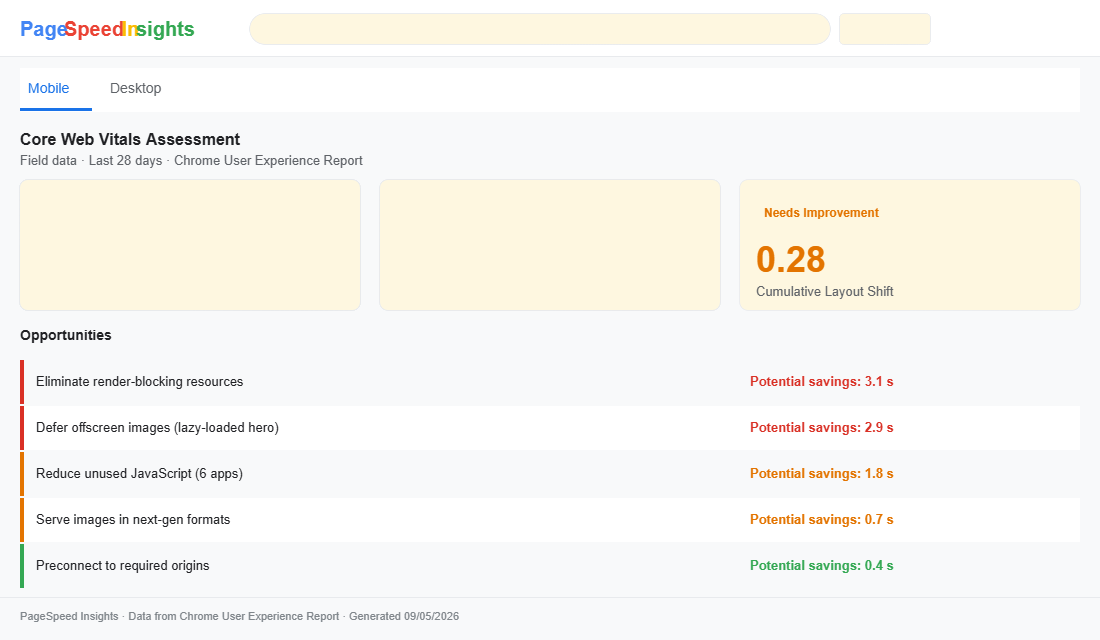 Core Web Vitals for Shopify in 2026: What Google Actually Measures and How We Fix It 1 PageSpeed Insights showing failing Core Web Vitals before Insiteful optimisation: LCP 3.8s, INP 620ms, CLS 0.28