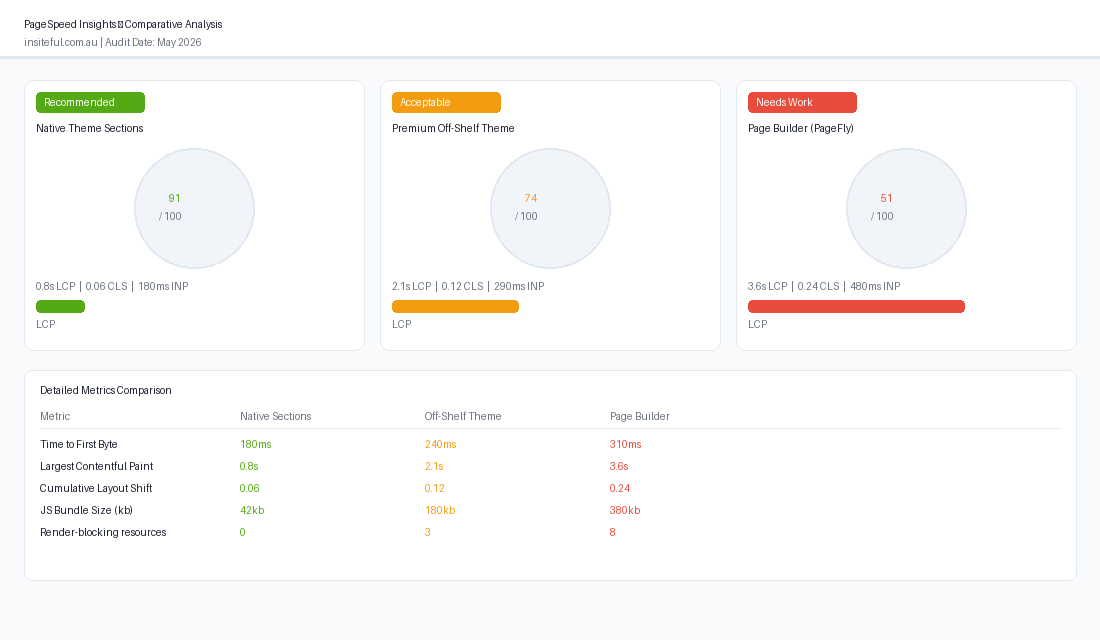 PageSpeed Insights comparison showing native theme sections vs page builder performance scores