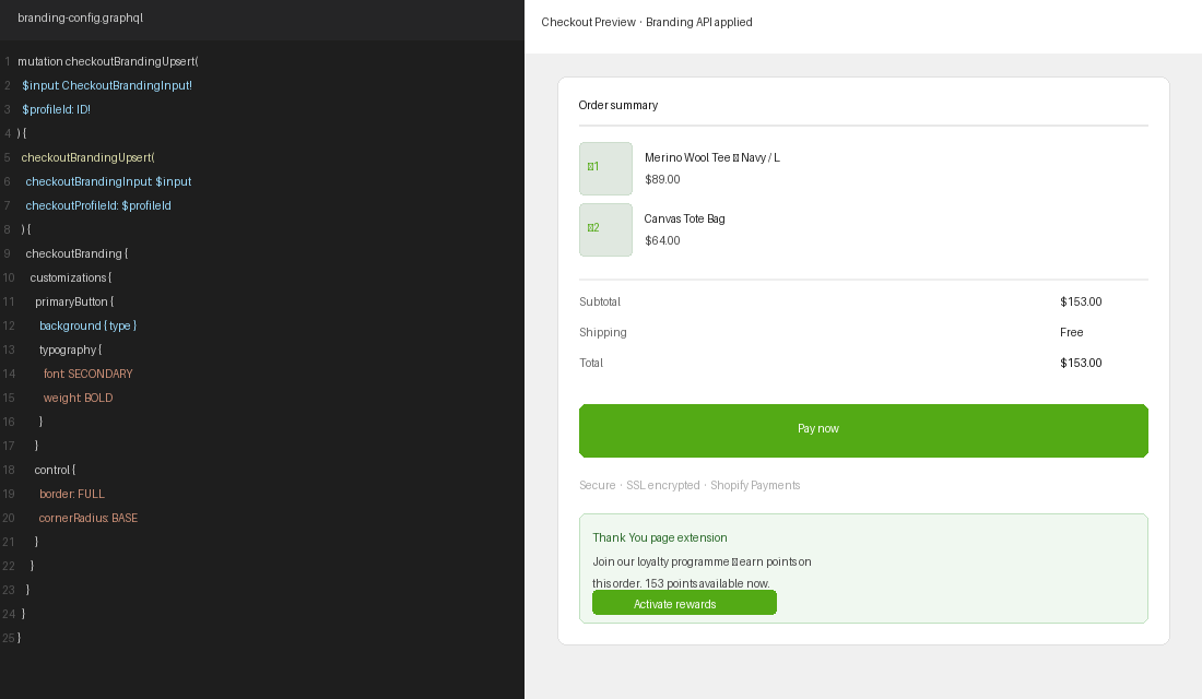 Branding API GraphQL config alongside a styled checkout preview with Thank You page extension