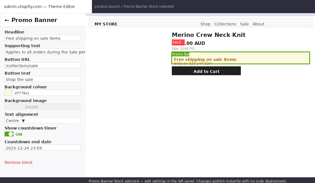 Online Store 2.0 Sections Everywhere: How We Build Themes Marketers Can Actually Use 3 Shopify theme editor settings panel for a Promo Banner block showing all configurable fields including countdown timer toggle