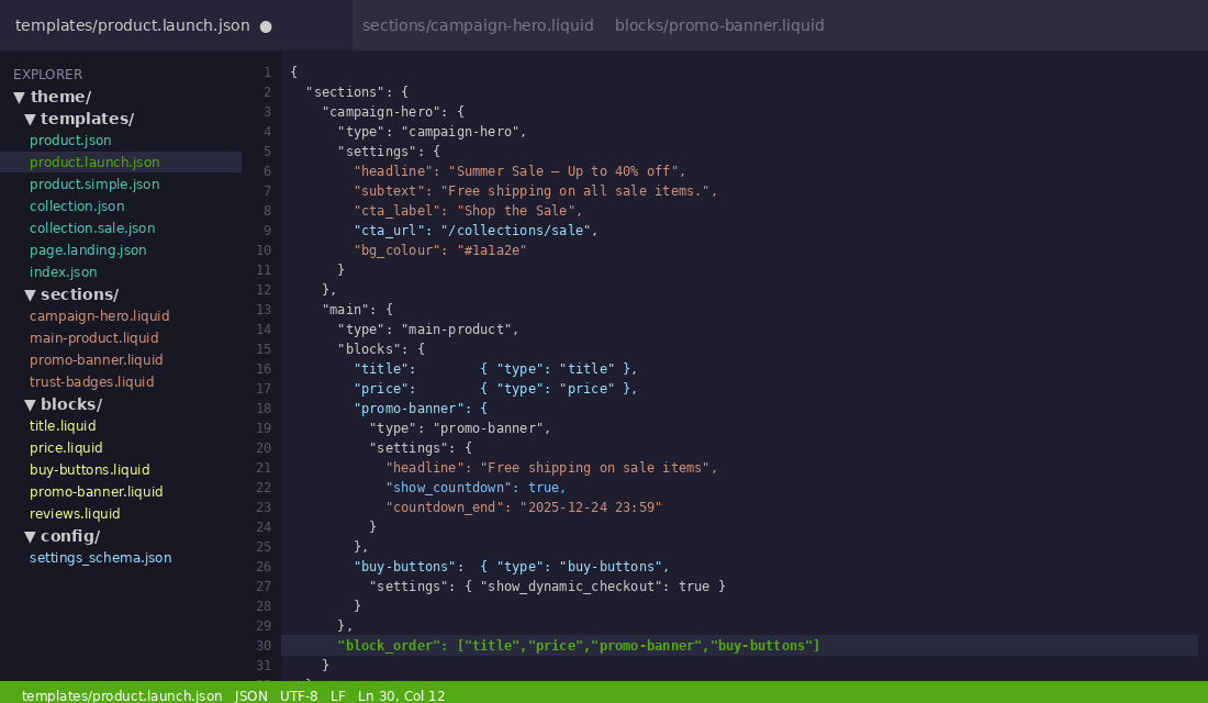 Online Store 2.0 Sections Everywhere: How We Build Themes Marketers Can Actually Use 2 VS Code editor showing a Shopify Online Store 2.0 JSON template file for a campaign product page with promo banner block configuration