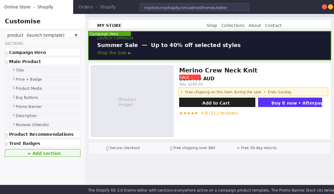 Online Store 2.0 Sections Everywhere: How We Build Themes Marketers Can Actually Use 1 Shopify OS 2.0 theme editor showing sections-everywhere on a campaign product template with a Promo Banner block between price and buy button