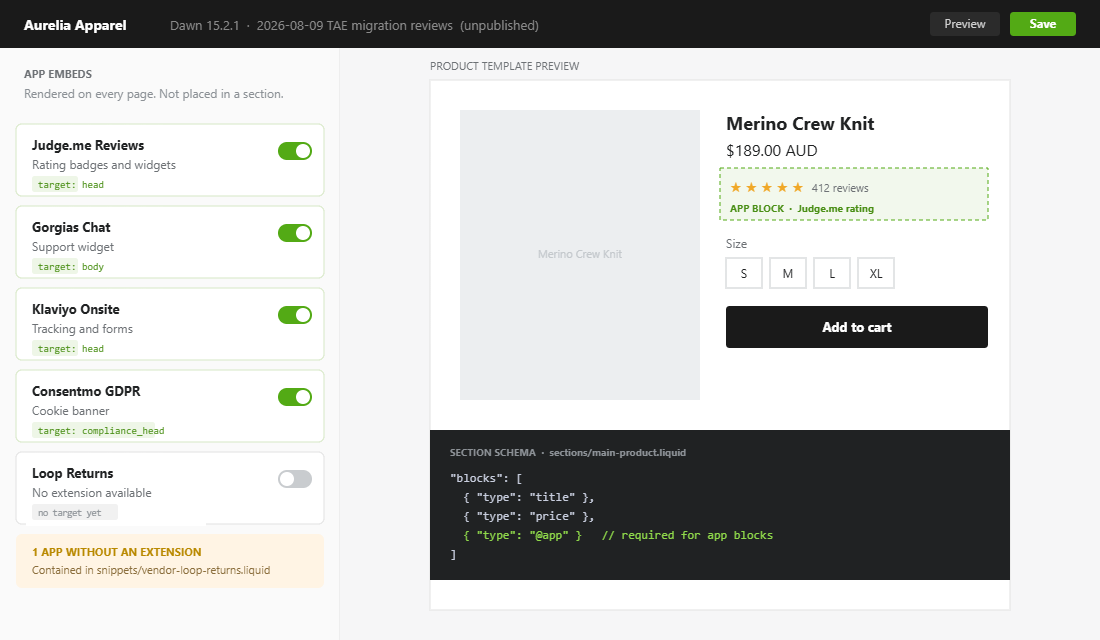 Shopify Theme App Extensions: Getting App Code Out of Your Theme Files 2 Shopify theme editor app embeds panel with an app block placed on the product template