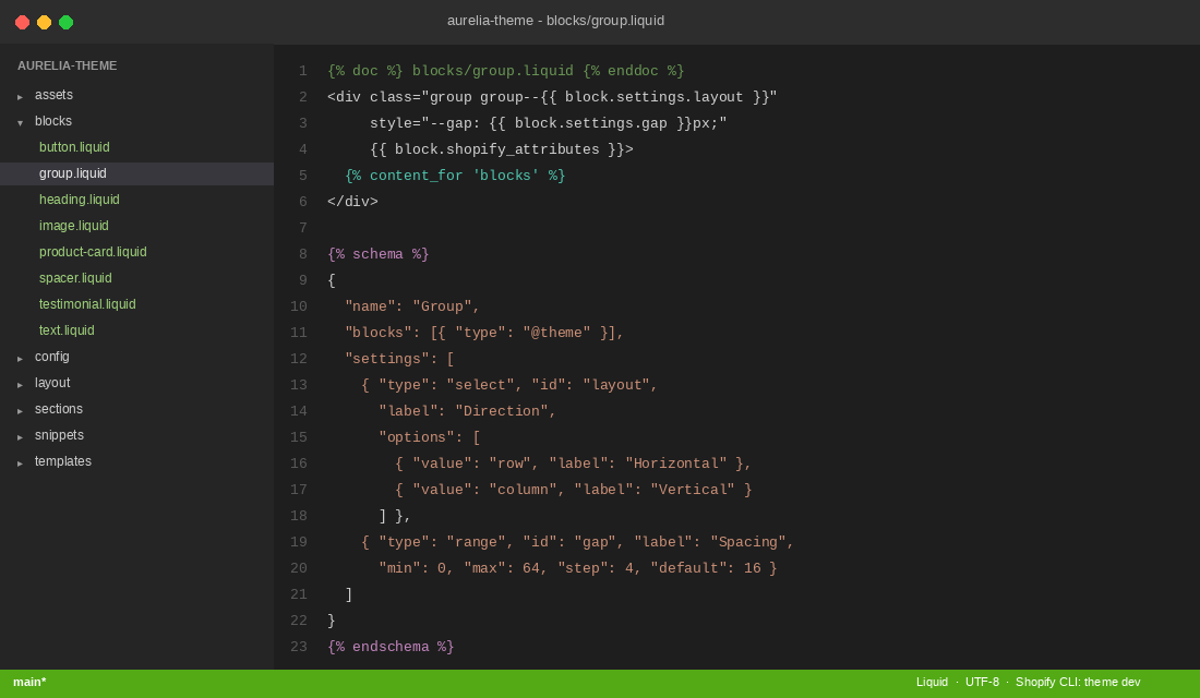 blocks/group.liquid in a code editor showing the content_for blocks tag and @theme schema