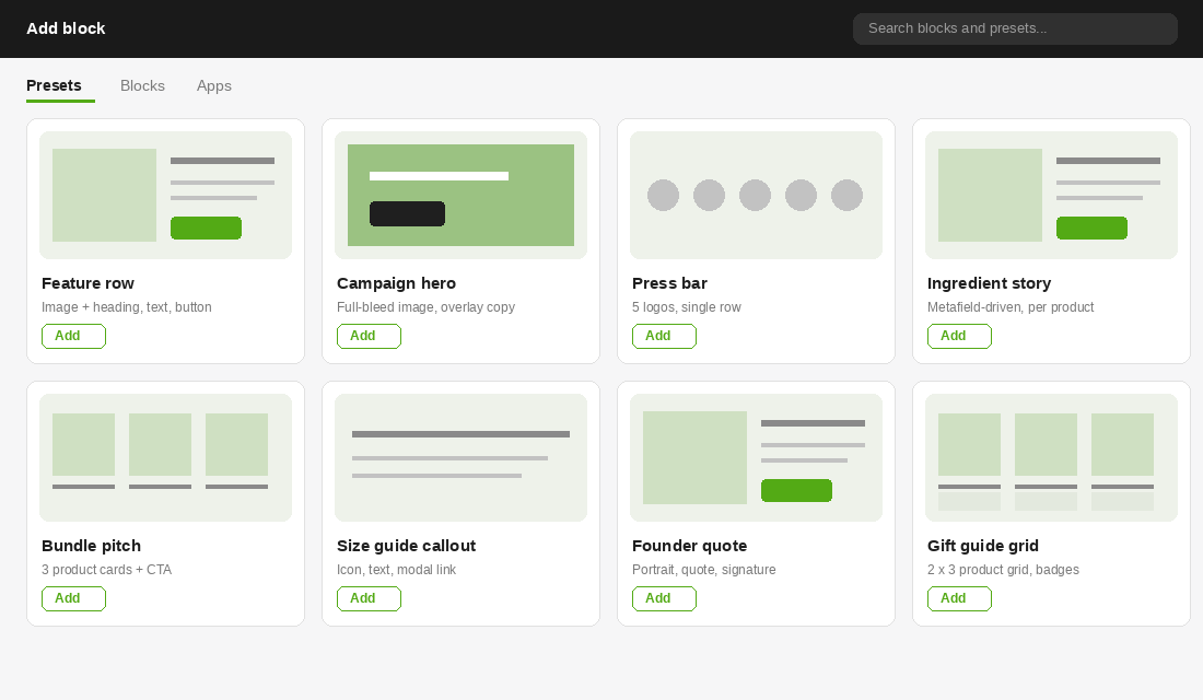 Theme editor preset picker showing one-click layout presets built from nested blocks