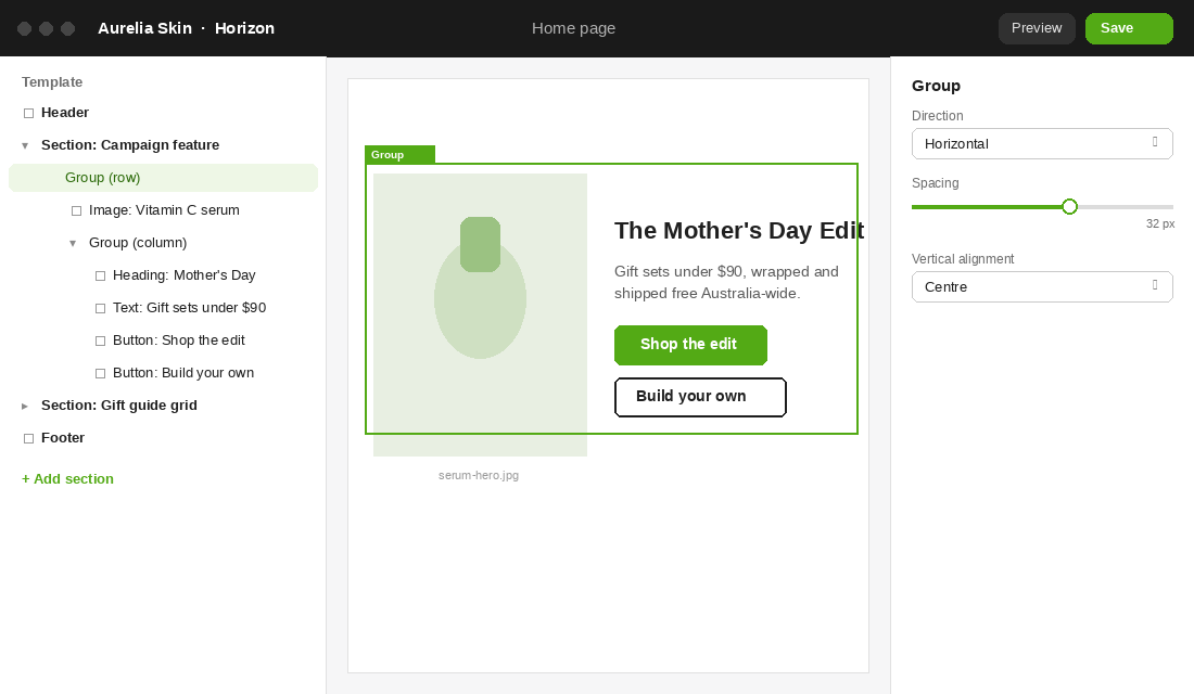 Shopify theme editor showing a nested theme block tree with a group block selected