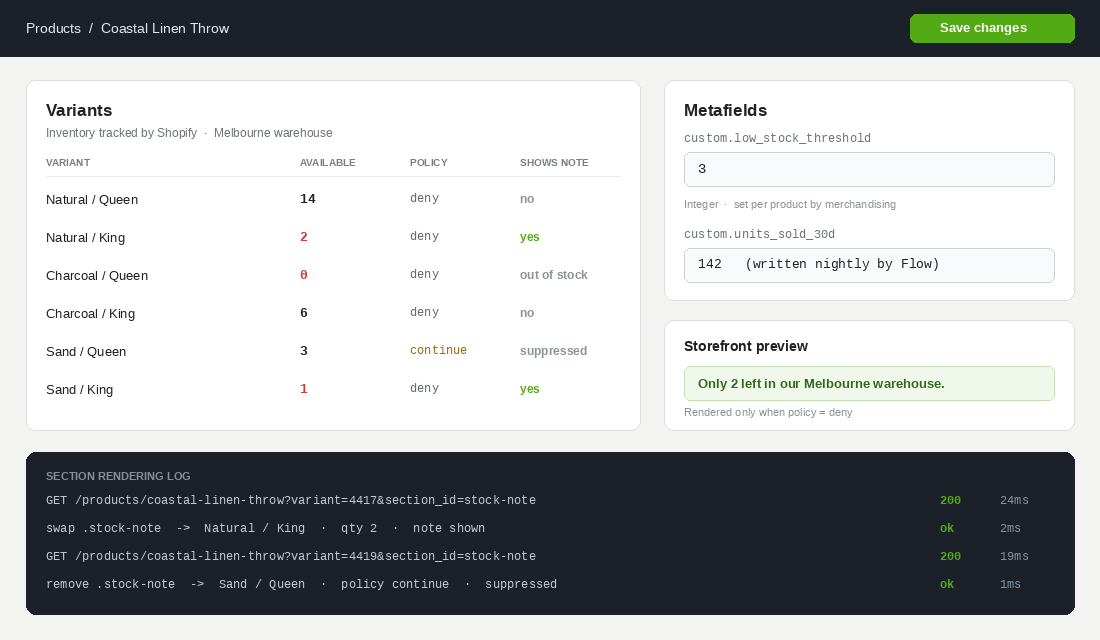 Honest Urgency: Shopify Scarcity UX That Survives the 2027 ACL Reforms 2 Shopify variant inventory admin with low stock threshold metafield and section rendering log