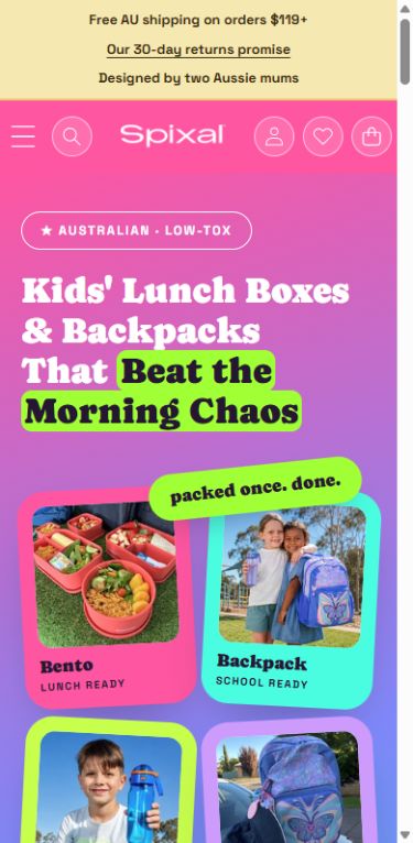 Spixal website featuring kids lunch boxes and backpacks